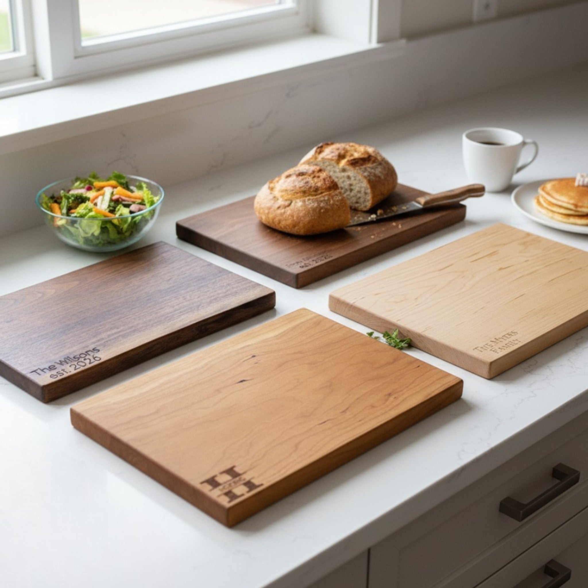 A photo of four wooden cutting boards sitting on the counter. They are made from maple, cherry, black walnut, and live edge black walnut.