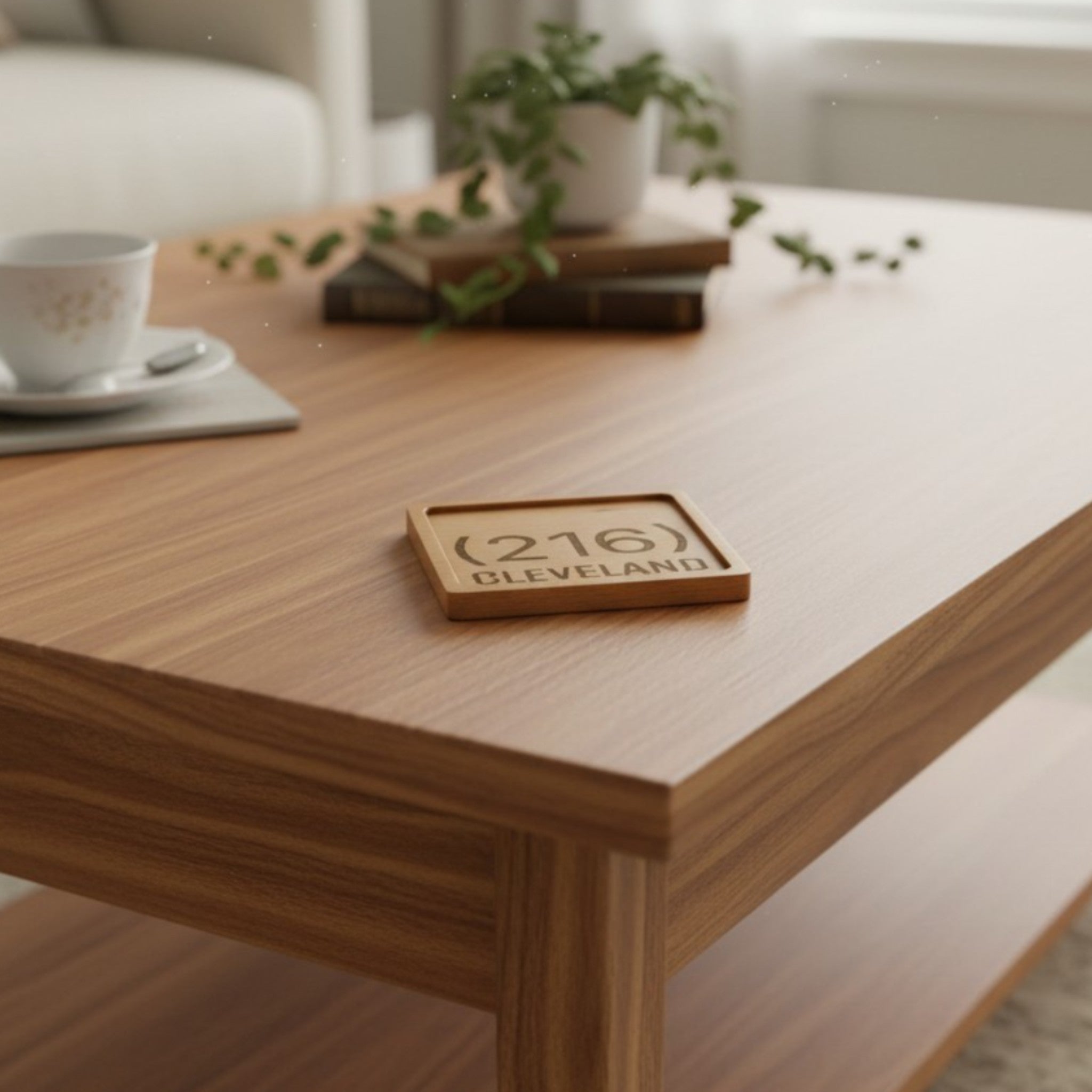 Wooden coaster made of beech featuring a personalized laser engraved design, sitting on a table.