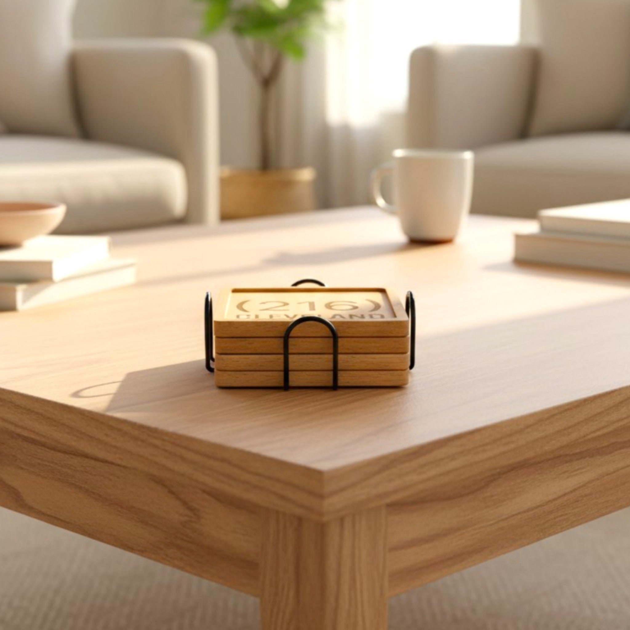 Stack of beech wooden coasters with a personalized design, sitting on a table