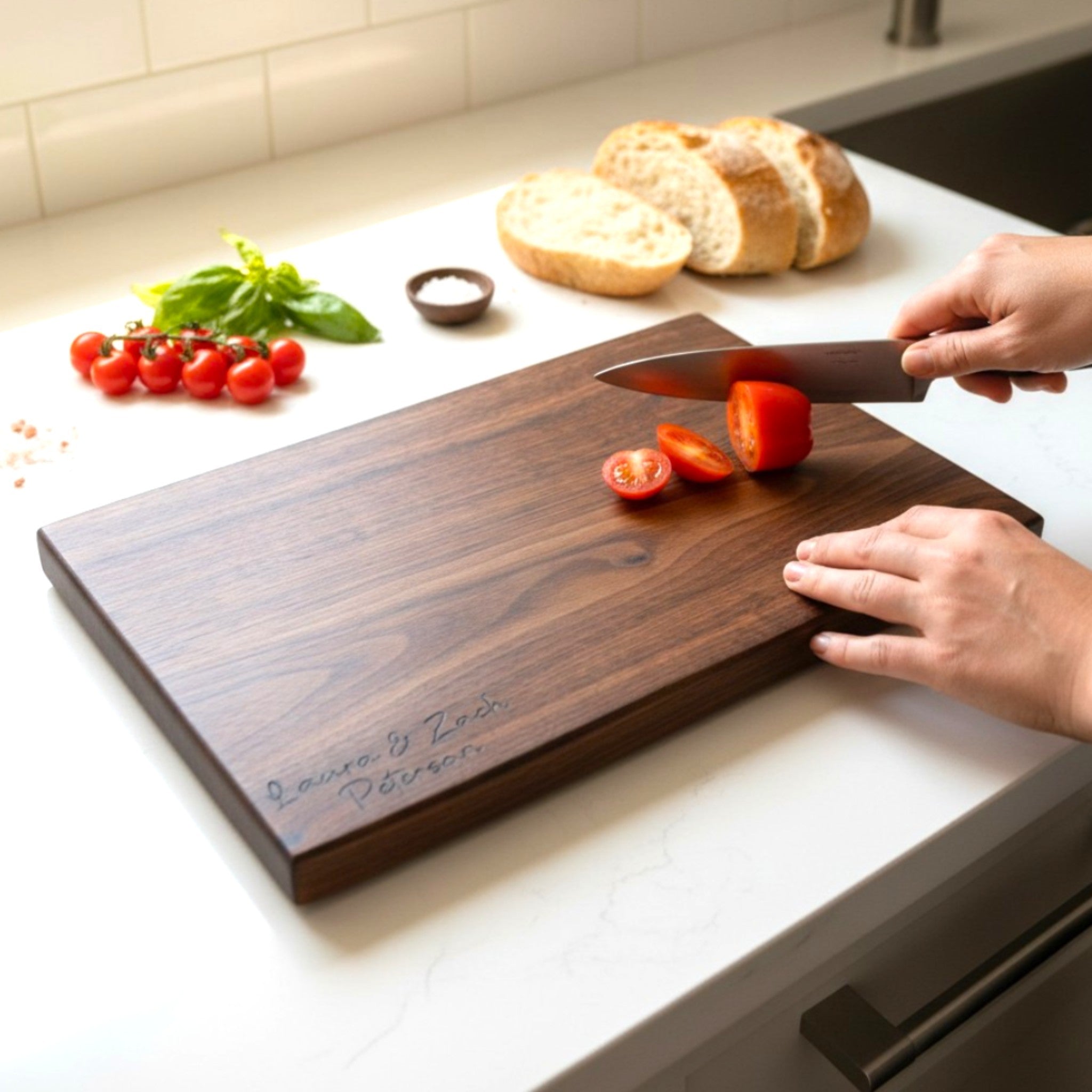 Black walnut wooden cutting board with personalized laser engraved text