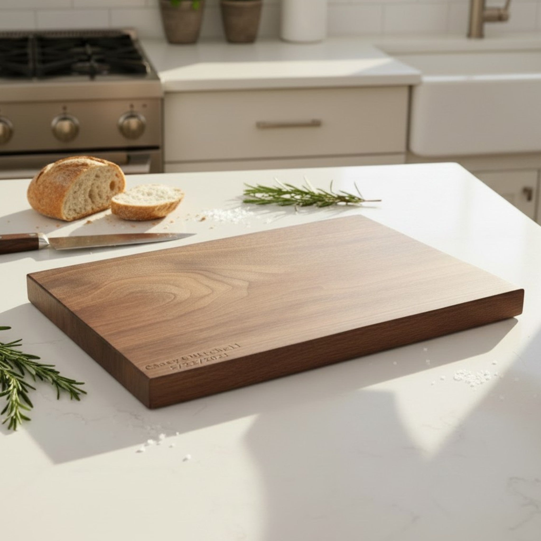 Black walnut wooden cutting board with personalized laser engraved text
