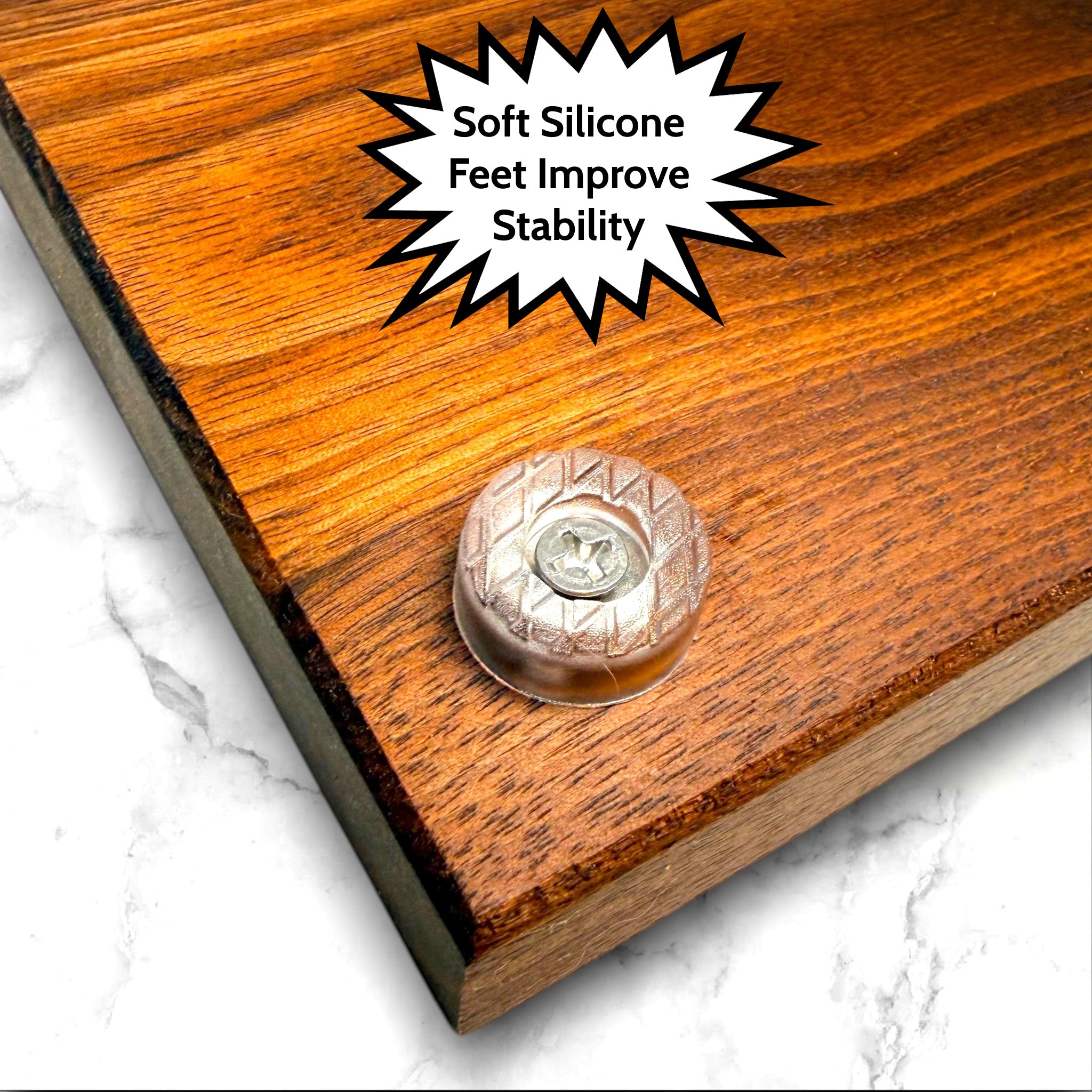 Wooden black walnut cutting board with soft silicone feet.