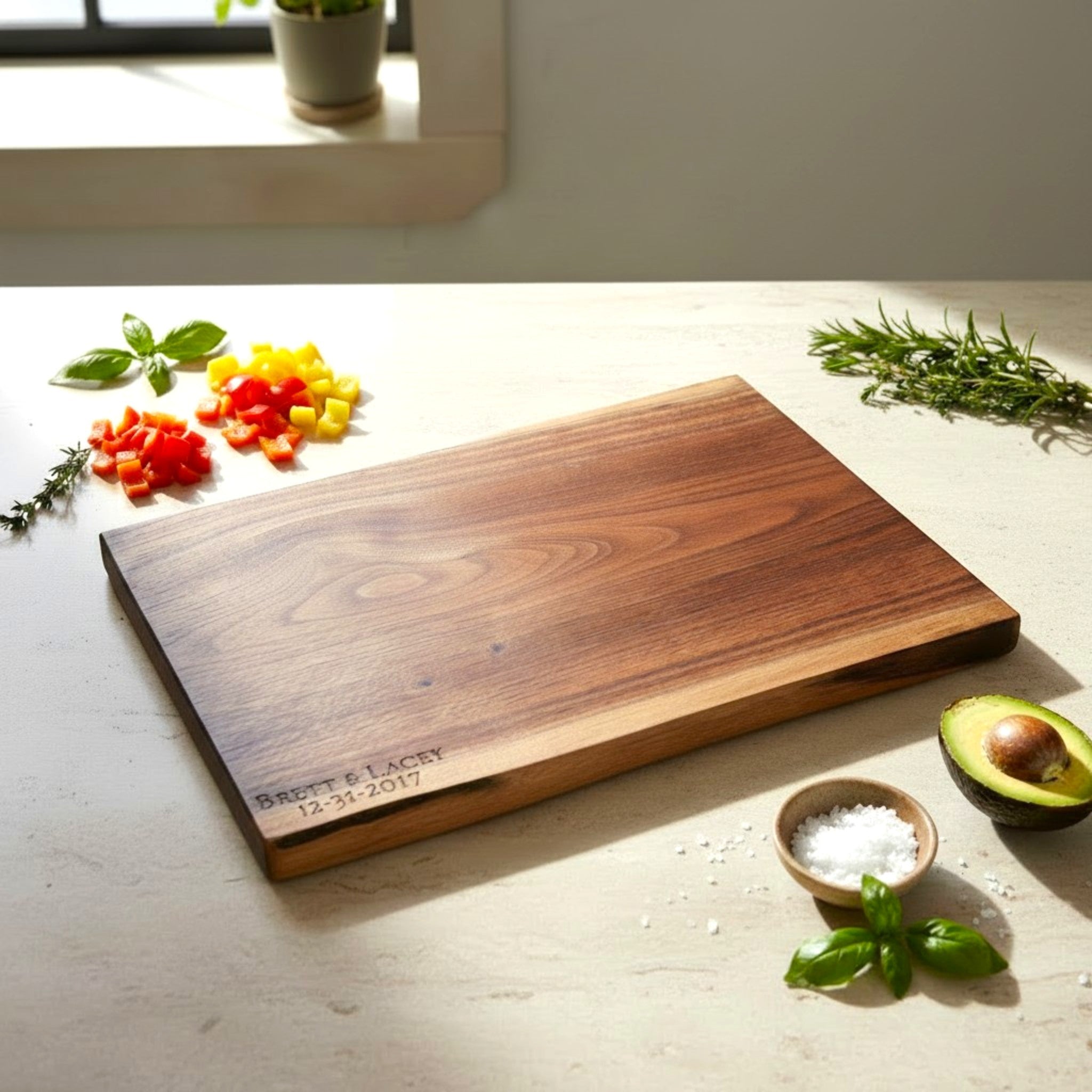 Live edge black walnut wooden cutting board with personalized laser engraved text