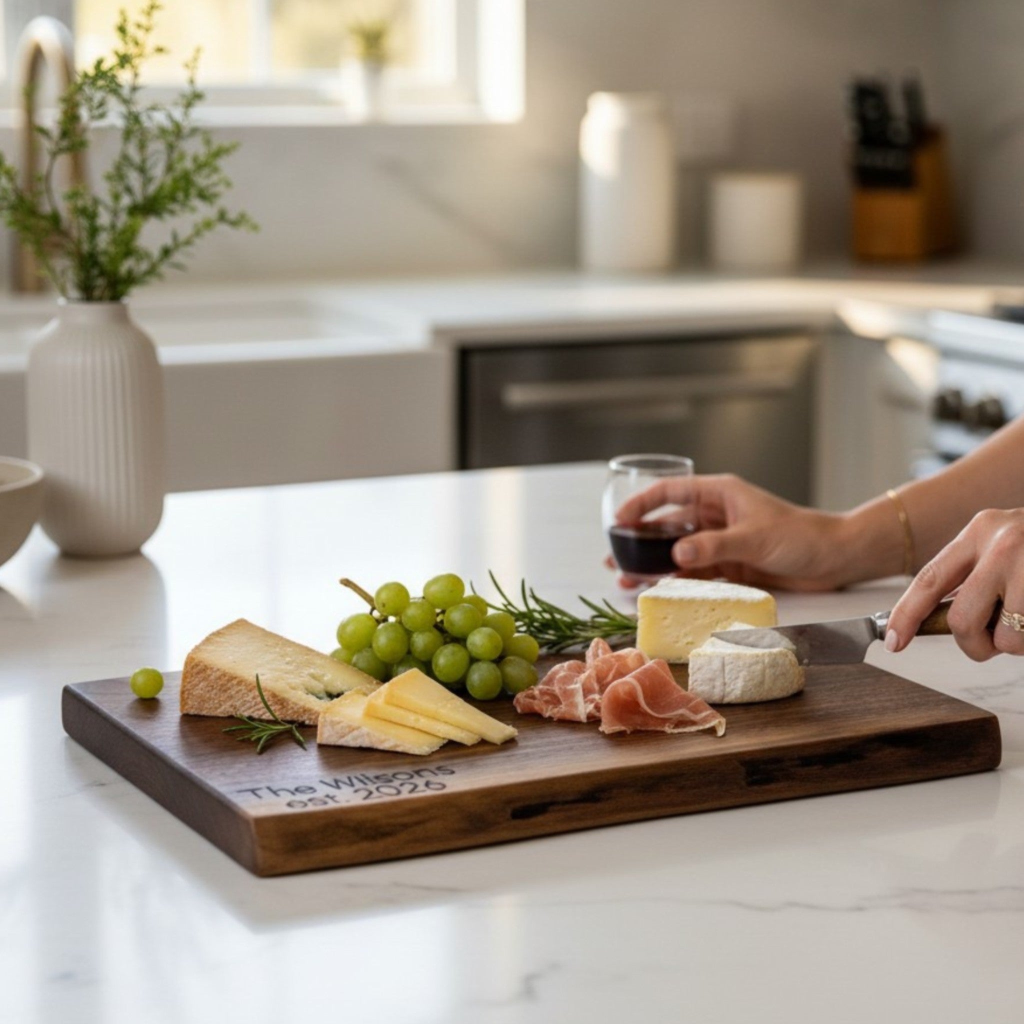 Live edge black walnut wooden cutting board with personalized laser engraved text