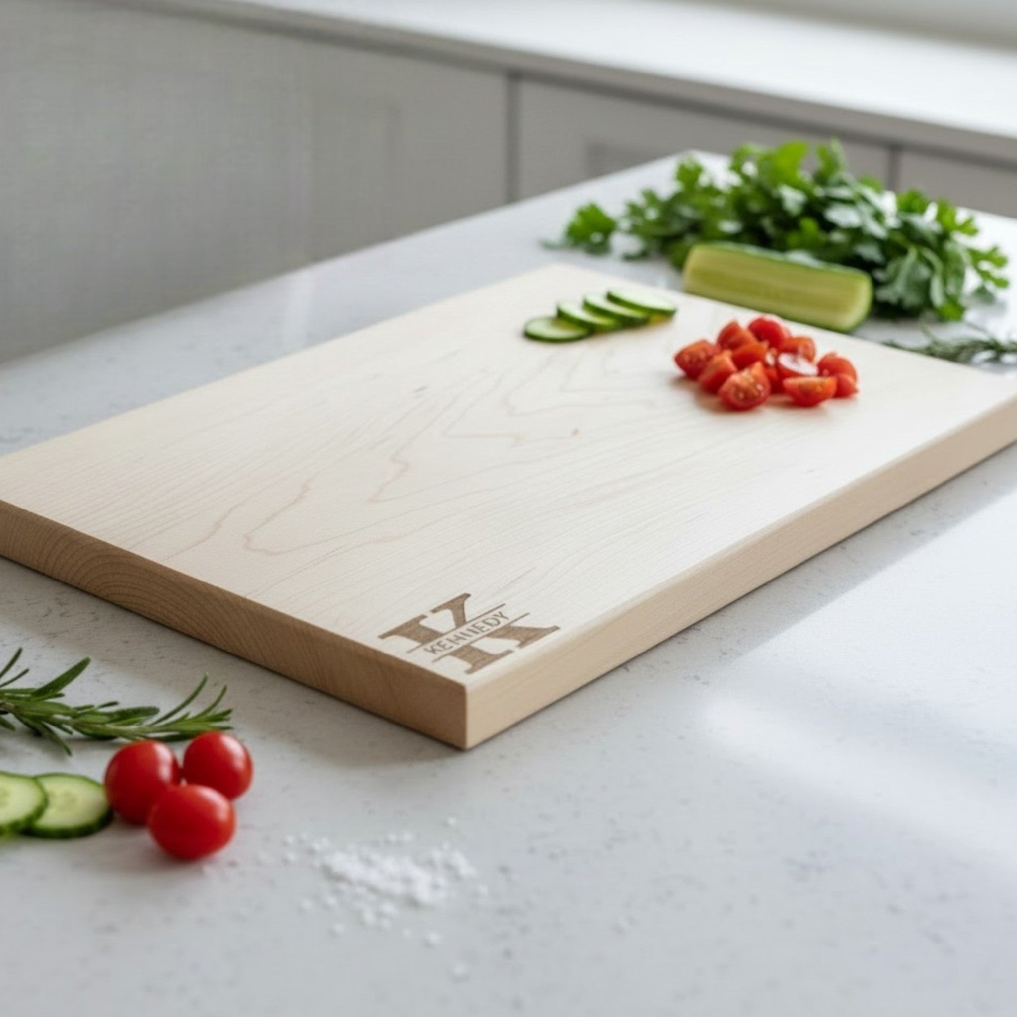 Maple wooden cutting board with personalized laser engraved design and text on a white kitchen countertop.