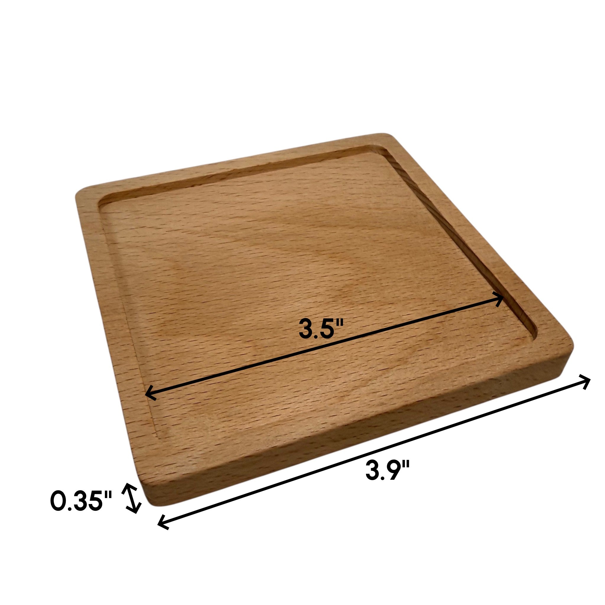 Wooden beech coaster with dimensions labeled on a white background