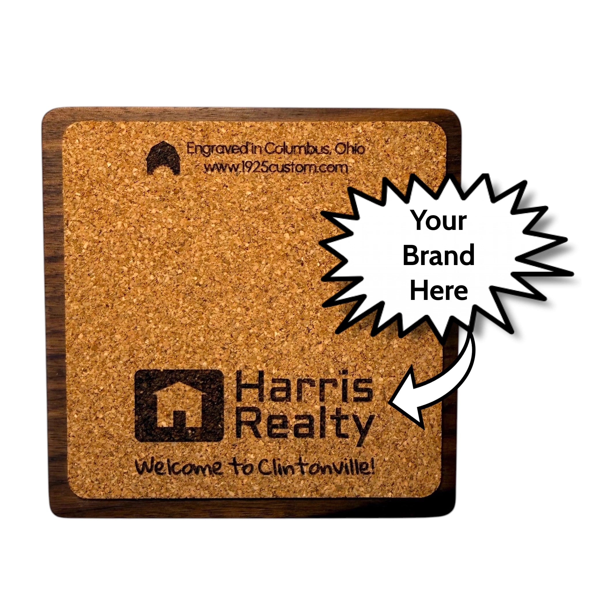 Black walnut coaster with a cork backing featuring a personalized laser engraved design.
