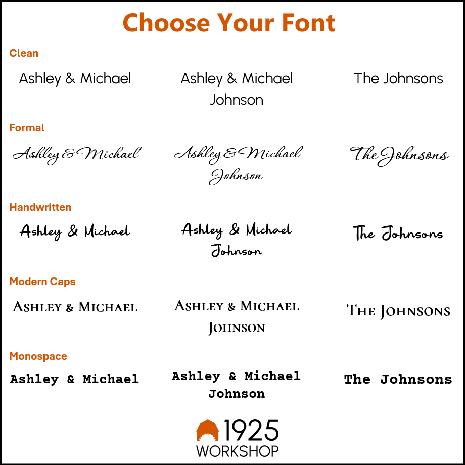 Font selection chart with various styles for personalizing wooden cutting boards