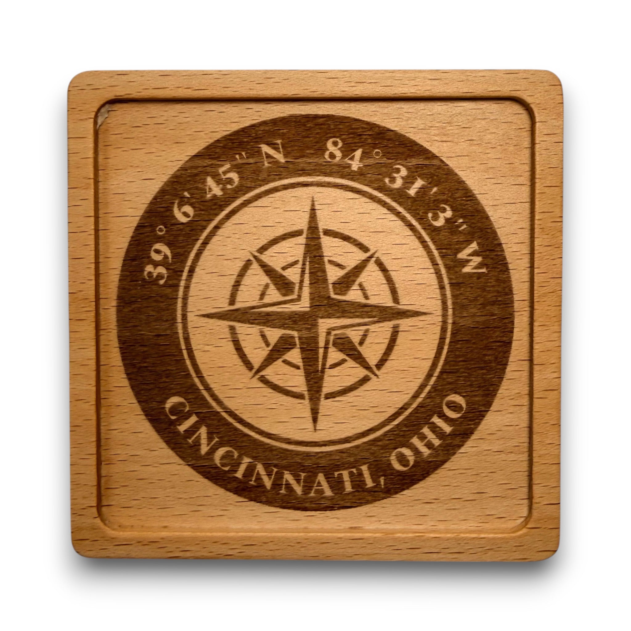 Wooden coaster made of beech featuring a personalized laser engraved design.