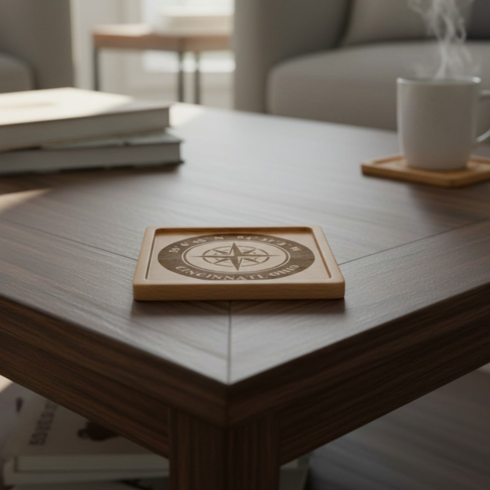 Wooden coaster made of beech featuring a personalized laser engraved design, sitting on a table.
