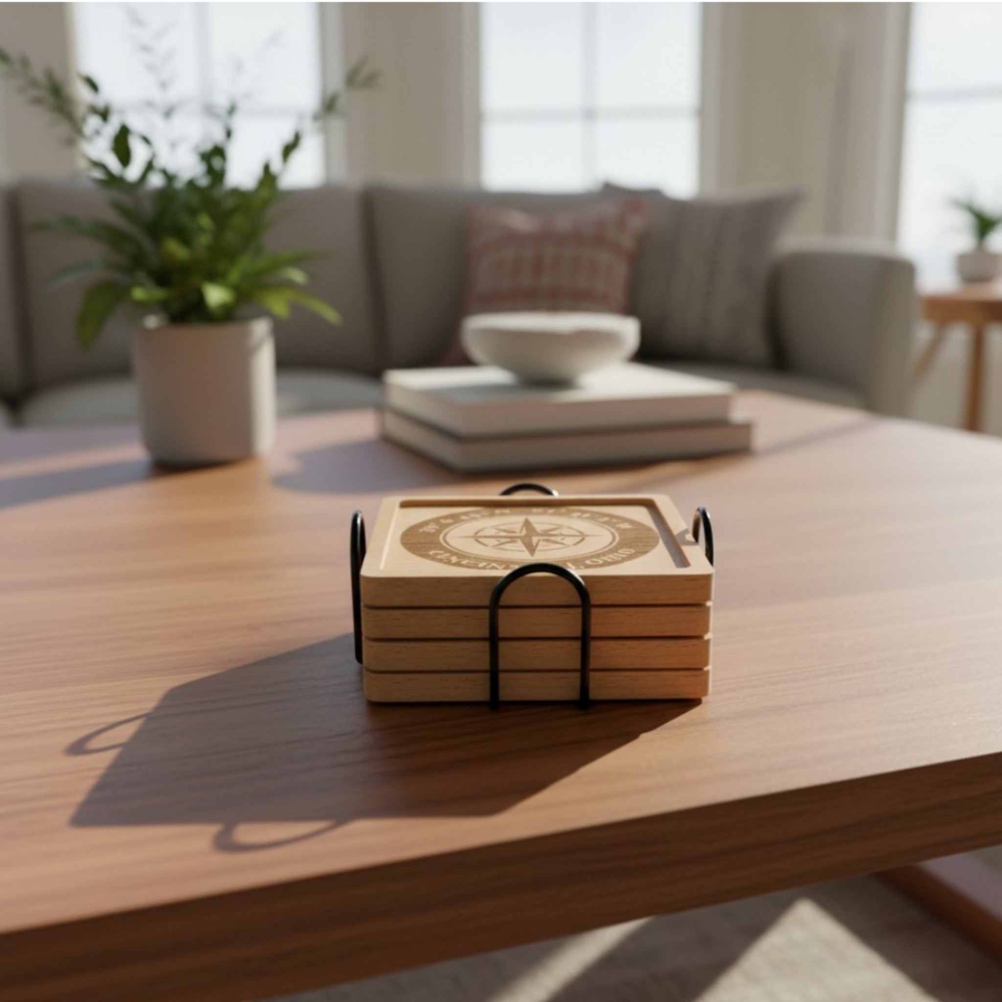 Stack of beech wooden coasters with a personalized design, sitting on a table