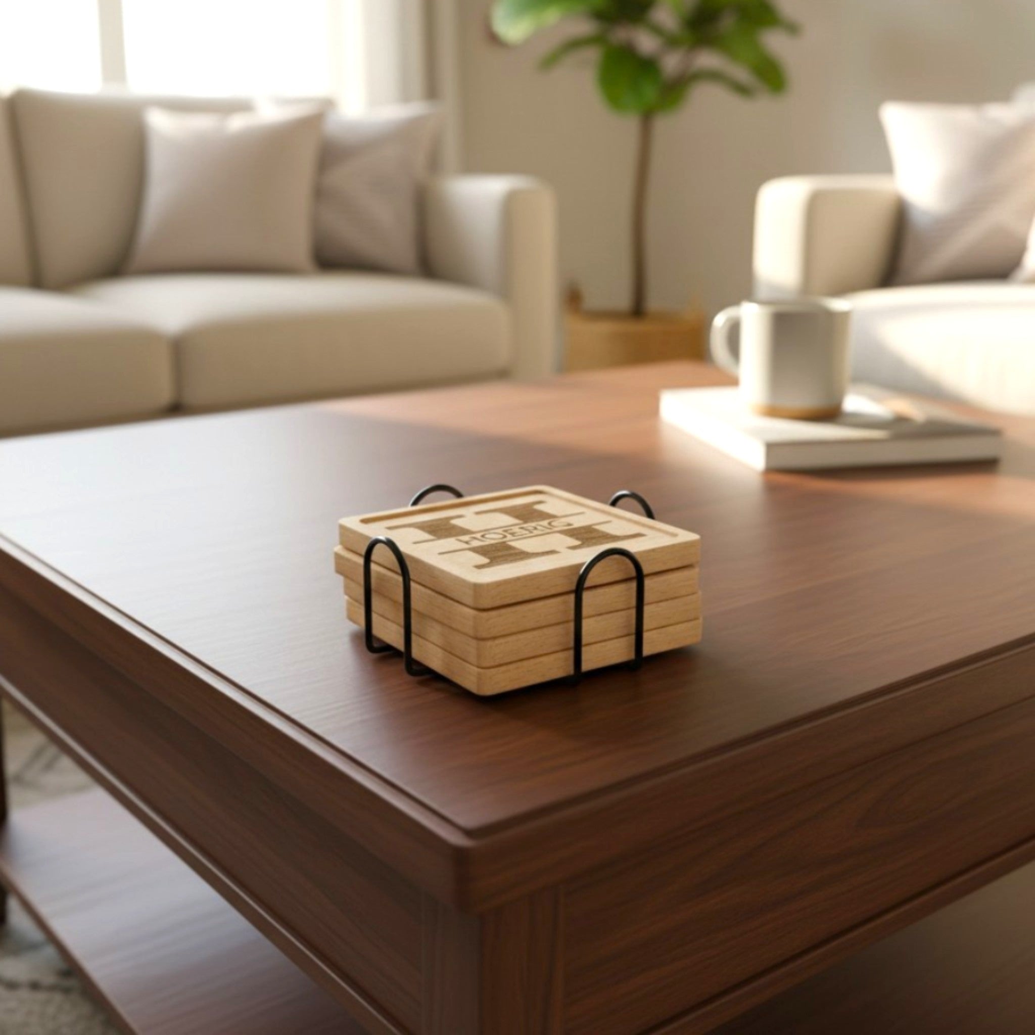 Stack of beech wooden coasters with a personalized design, sitting on a table
