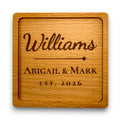 Wooden coaster made of beech featuring a personalized laser engraved design.