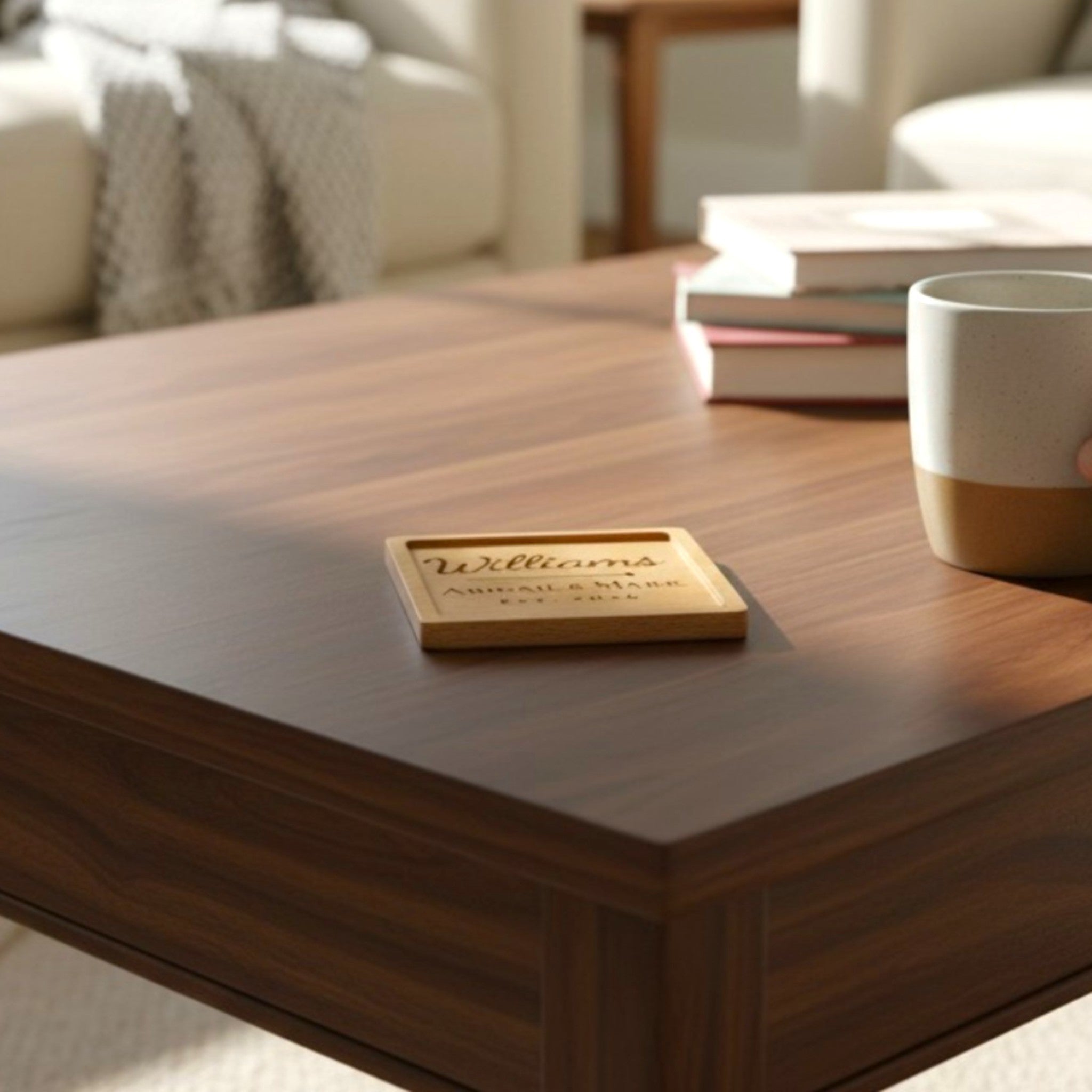 Wooden coaster made of beech featuring a personalized laser engraved design, sitting on a table.
