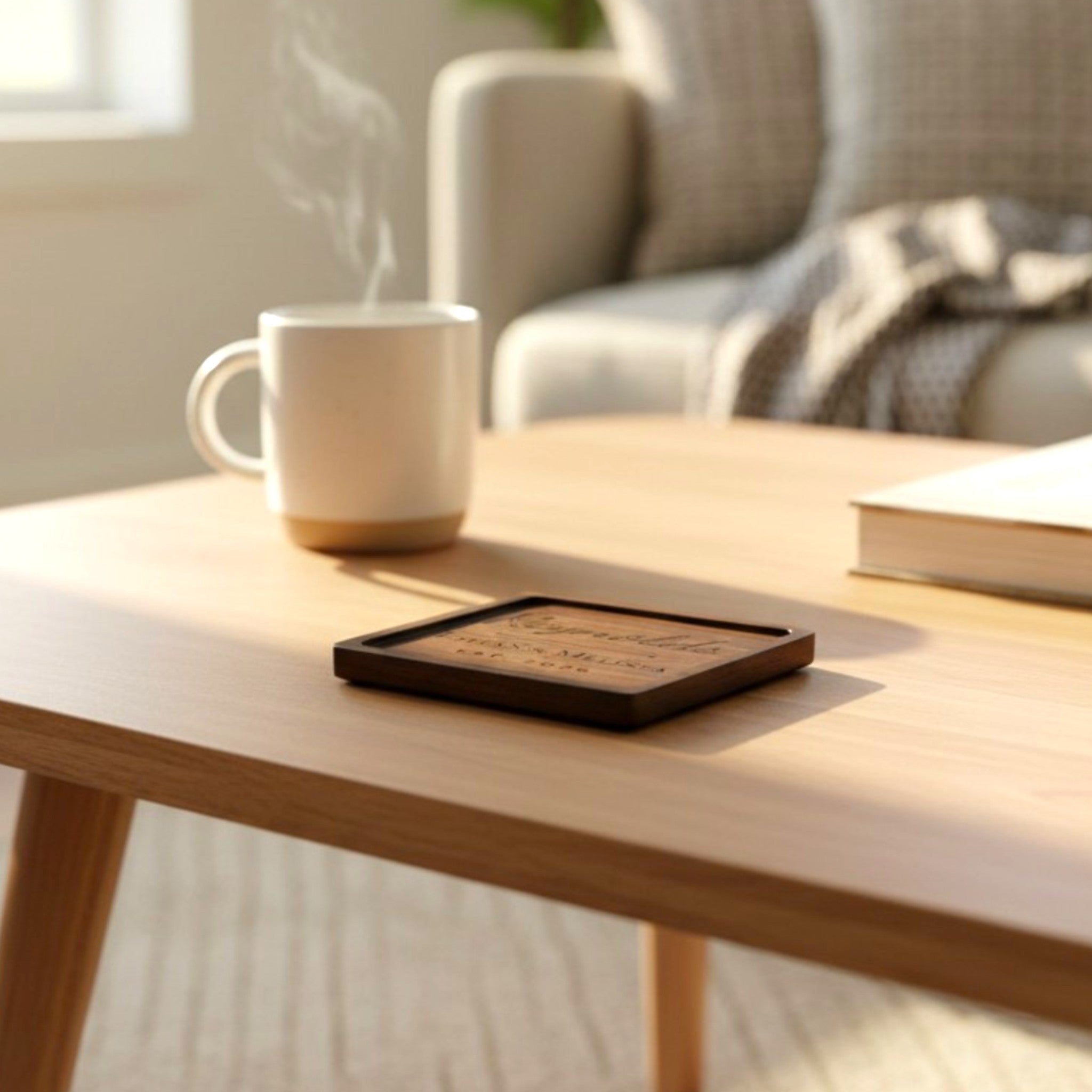 Wooden coaster made of black walnut featuring a personalized laser engraved design, sitting on a table.