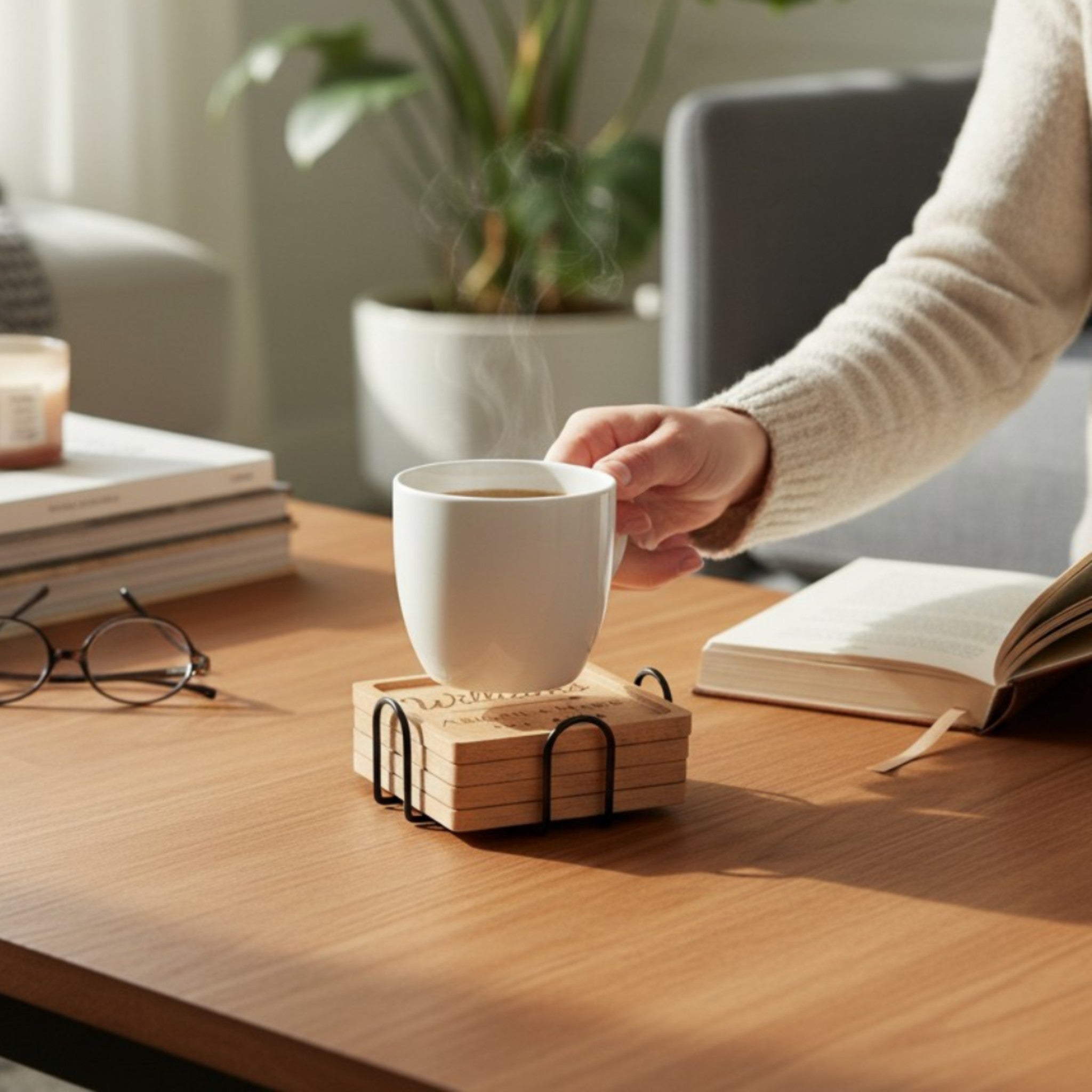 Stack of beech wooden coasters with a personalized design, sitting on a table