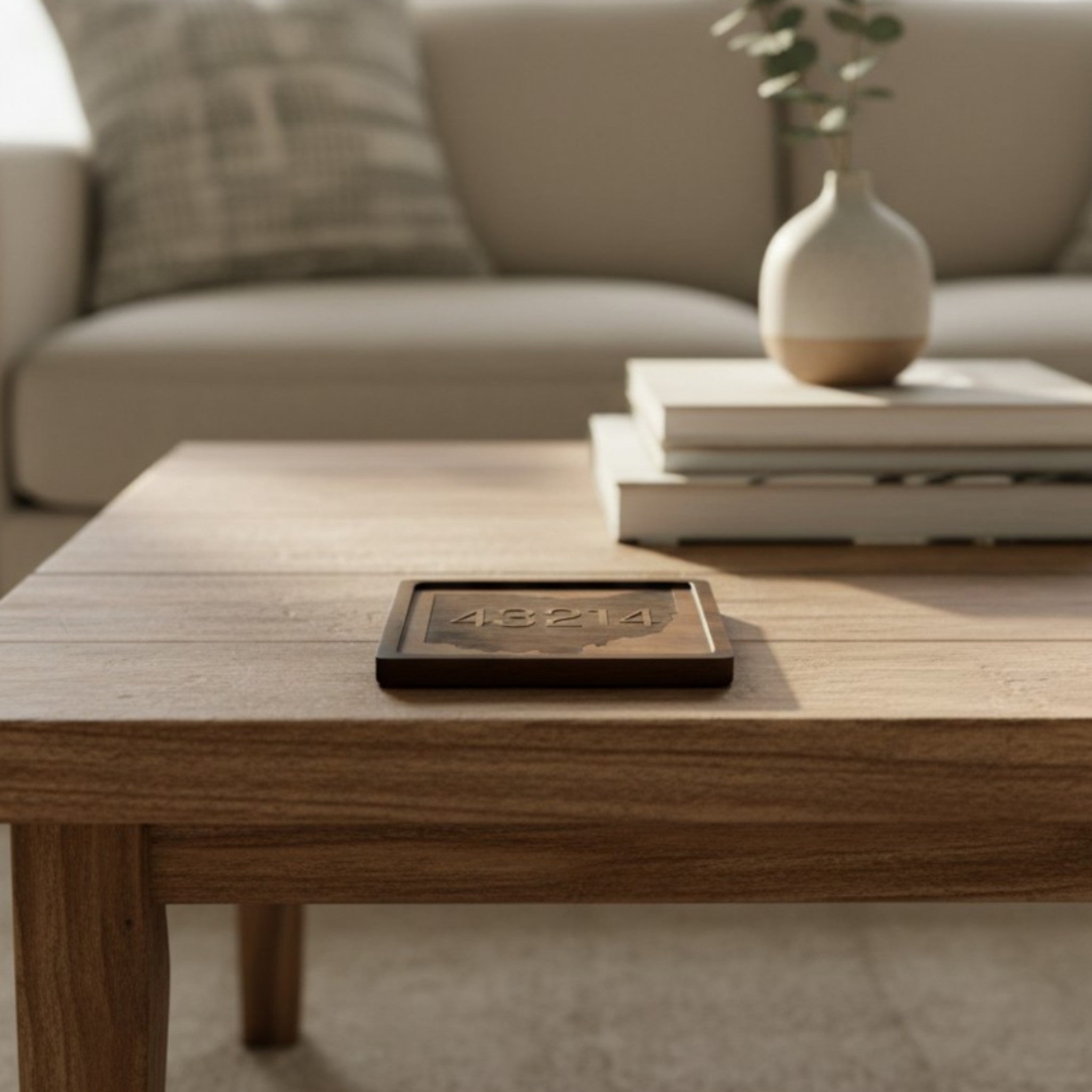 Wooden coaster made of black walnut featuring a personalized laser engraved design, sitting on a table.