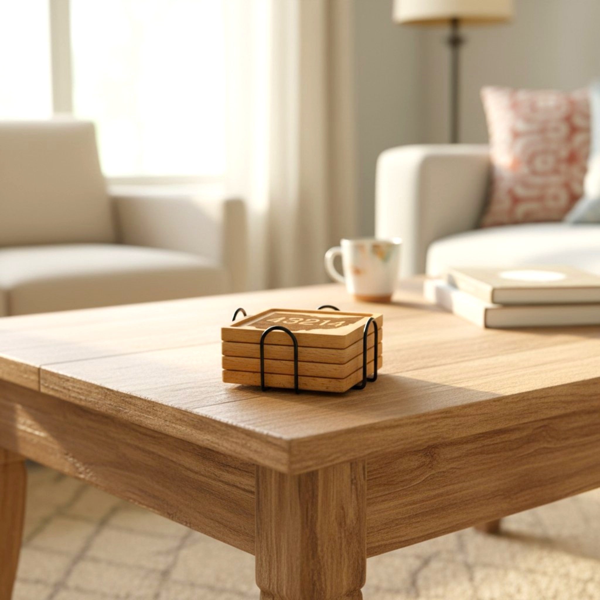 Stack of beech wooden coasters with a personalized design, sitting on a table