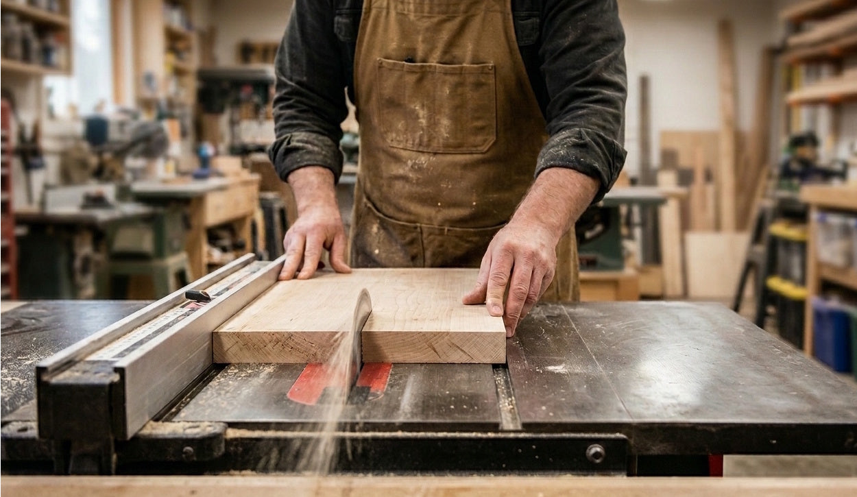 Person using a table saw in a workshop